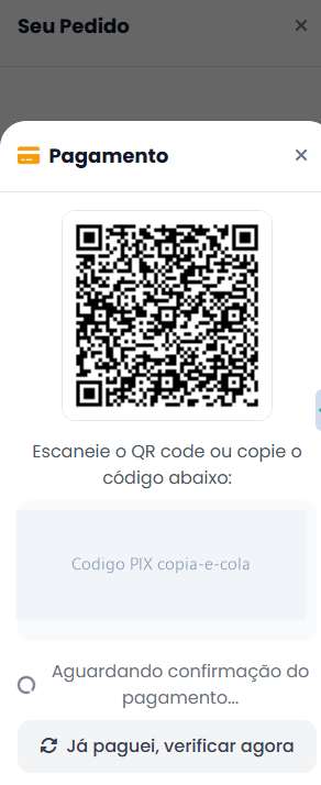 Tela de pagamento PIX com QR code no cardápio